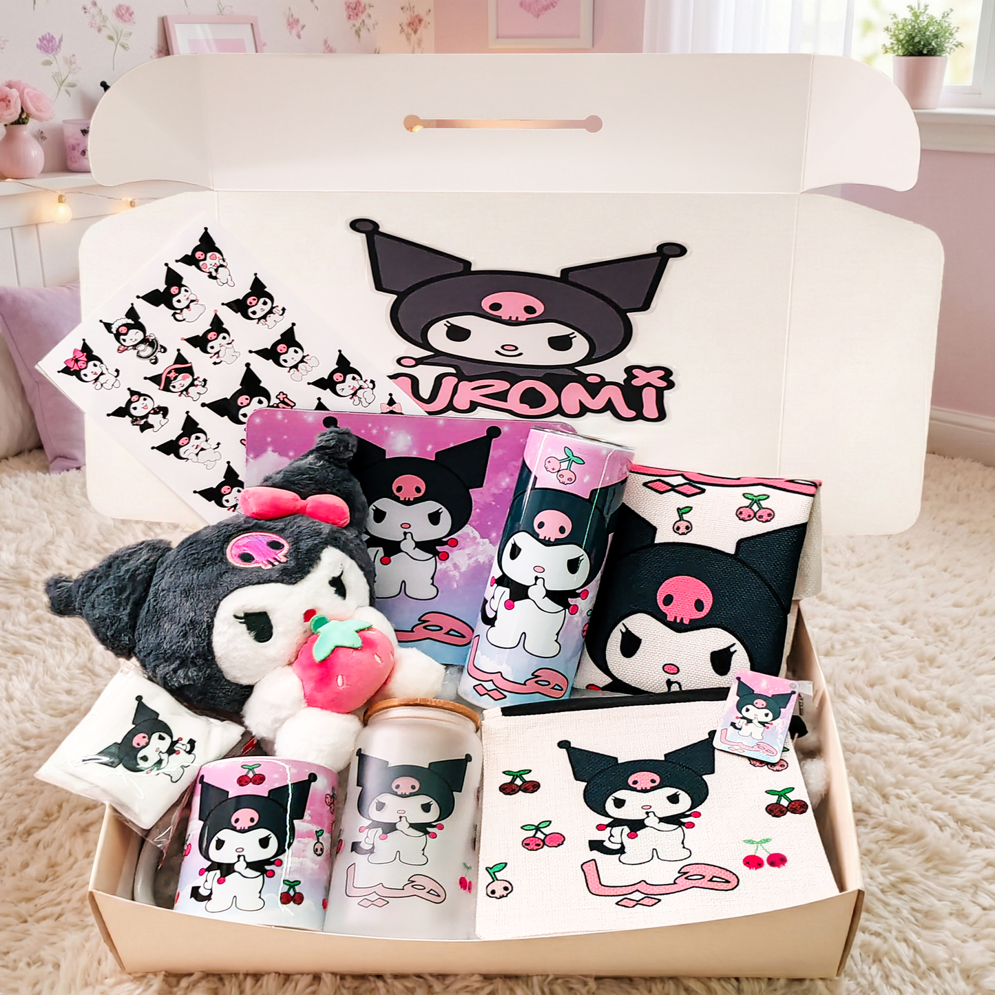 Kuromi Mania Box – Custom Name | Includes Plush, Tote Bag, Pouch & Drinkware Set & More