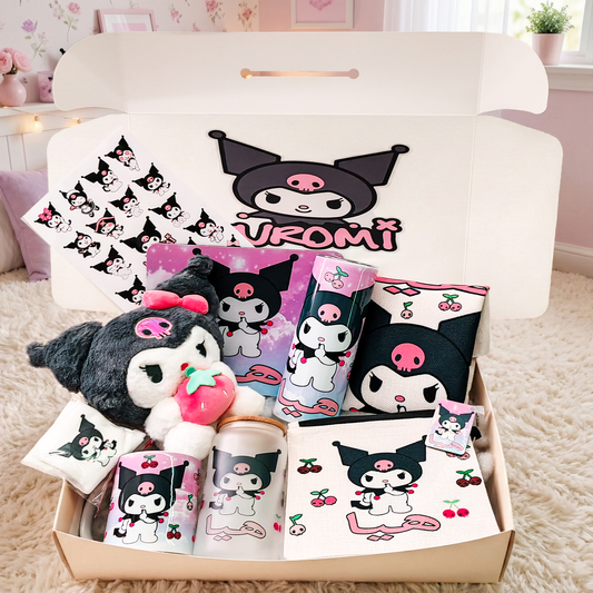 Kuromi Mania Box – Custom Name | Includes Plush, Tote Bag, Pouch & Drinkware Set & More