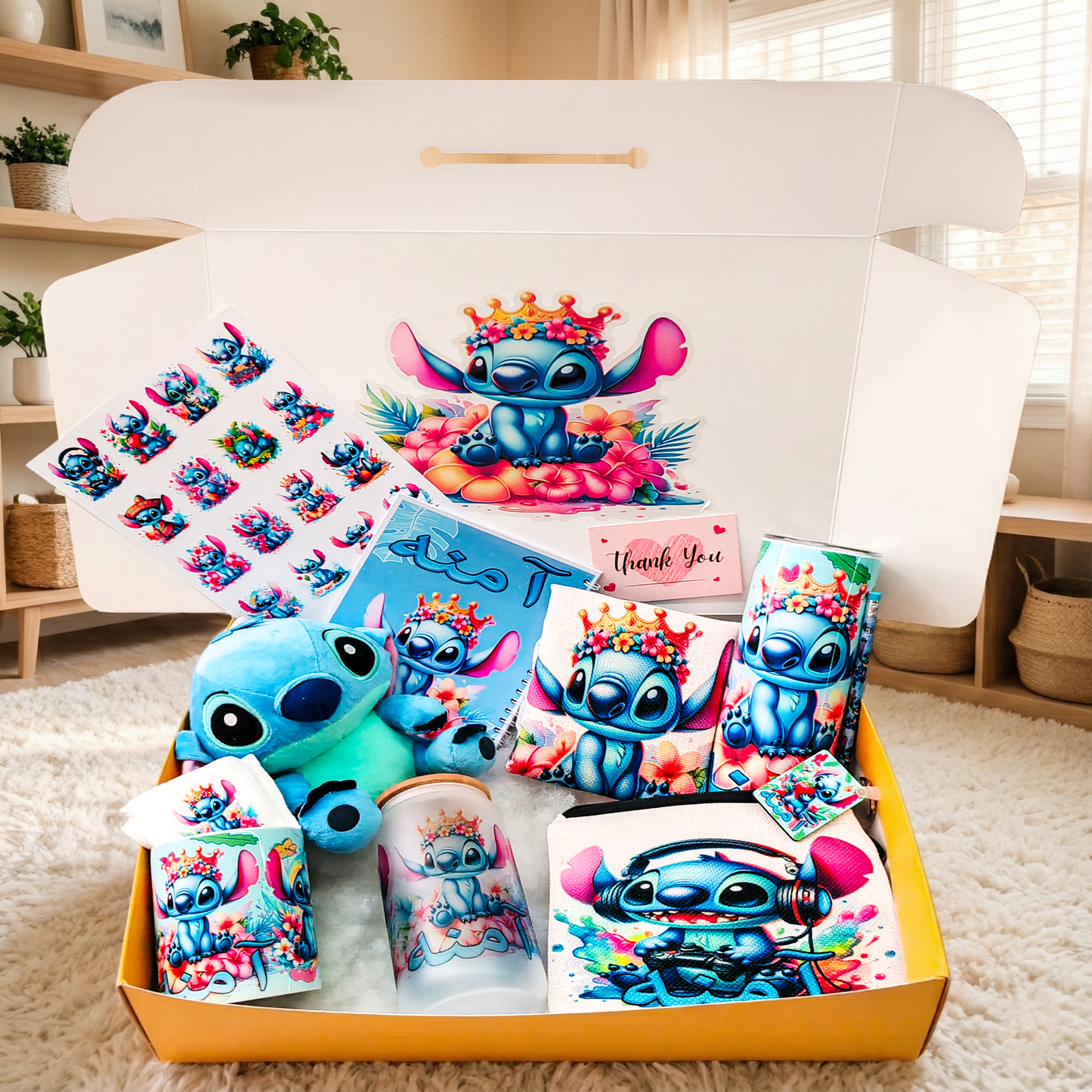 Stitch Floral Crown Box – Custom Name | Includes Plush, Tote Bag, Pouch & Drinkware Set & More