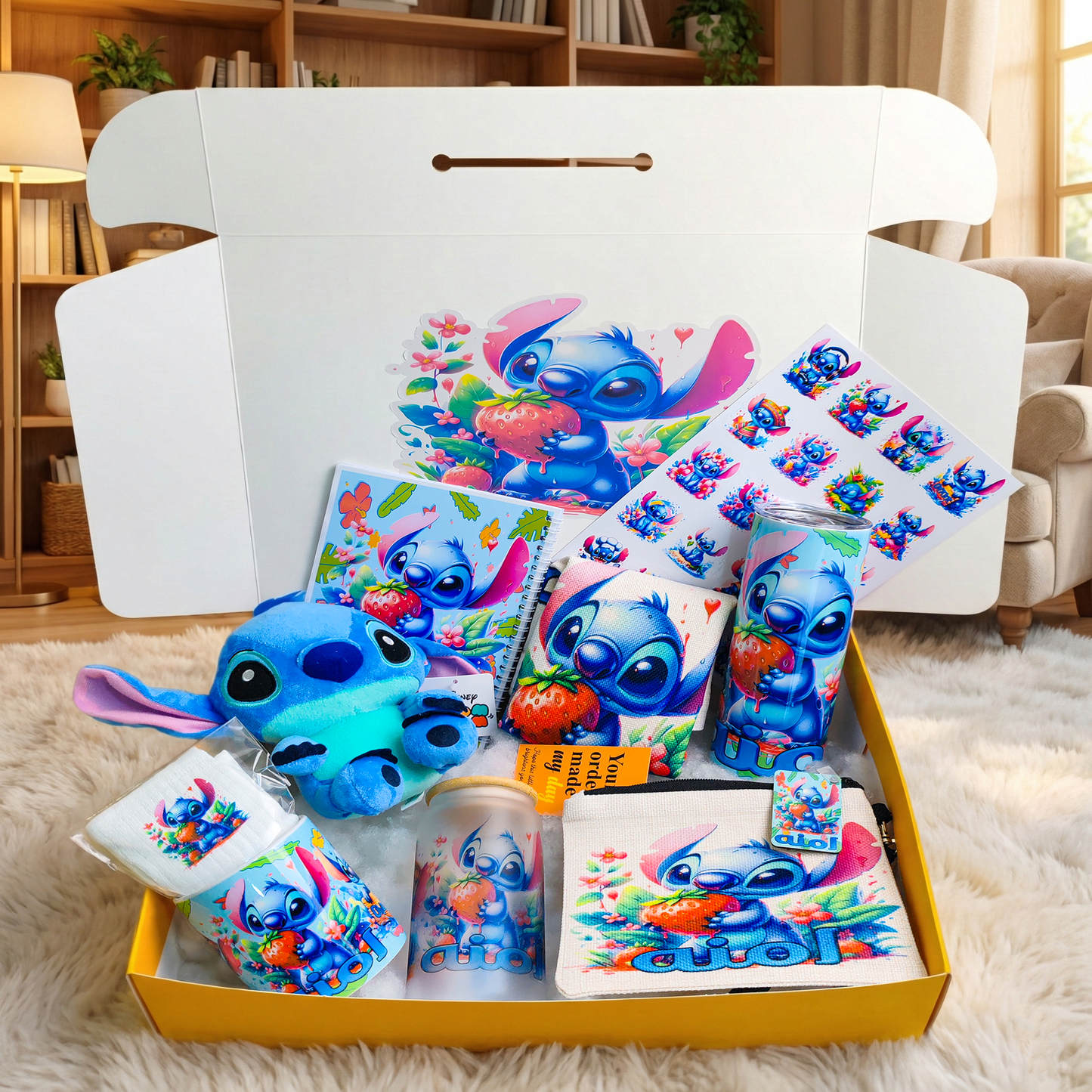 Stitch Strawberry Splash Box – Custom Name | Includes Plush, Tote Bag, Pouch & Drinkware Set & More