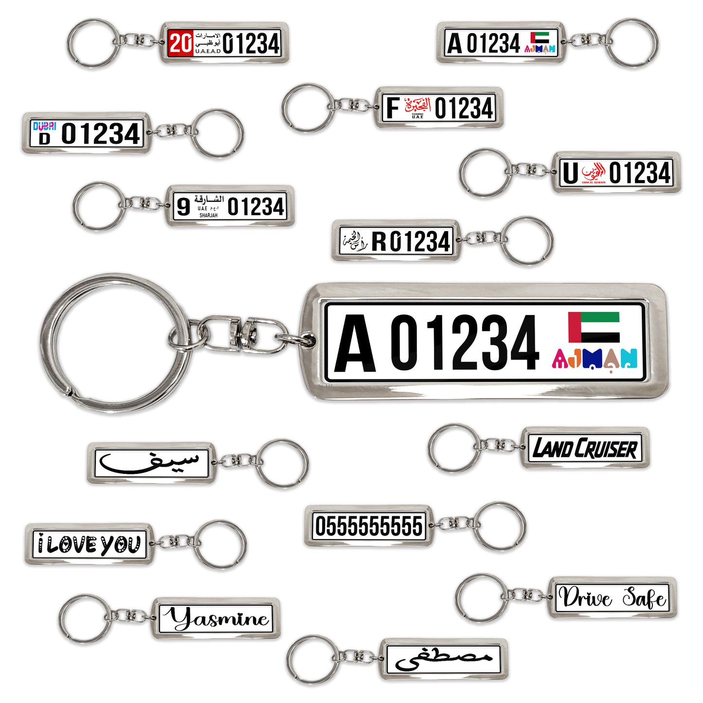 Custom UAE License Plate Keychain – Double-Sided | All Emirates & Colors | Premium Glossy Finish