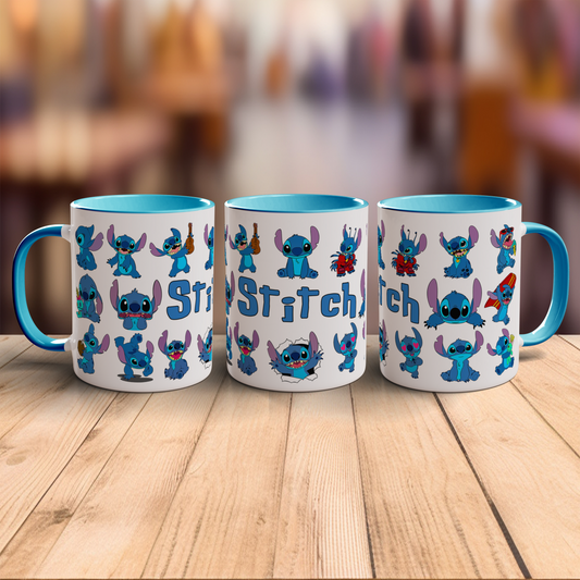 Stitch Character Collage Ceramic Mug with Blue Handle & Rim – Custom Name | Vibrant & Comfortable