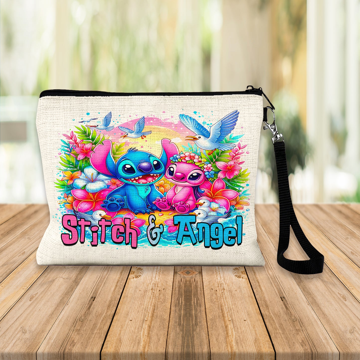 Stitch & Angel Tropical Linen Pouch – Custom Name | Zipper Closure & Detachable Wrist Strap