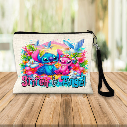 Stitch & Angel Tropical Linen Pouch – Custom Name | Zipper Closure & Detachable Wrist Strap