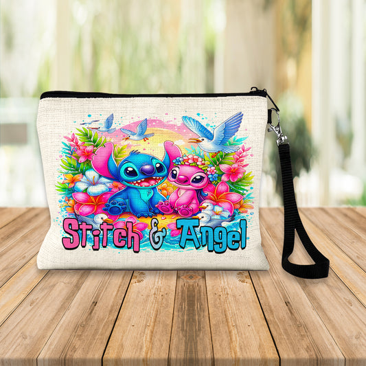 Stitch & Angel Tropical Linen Pouch – Custom Name | Zipper Closure & Detachable Wrist Strap