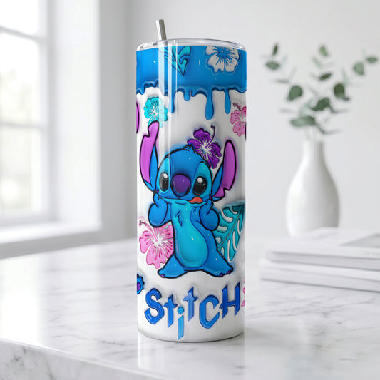 Stitch Tropical 3D Skinny Tumbler - Custom Name (20oz) | Insulated Stainless Steel Travel Cup