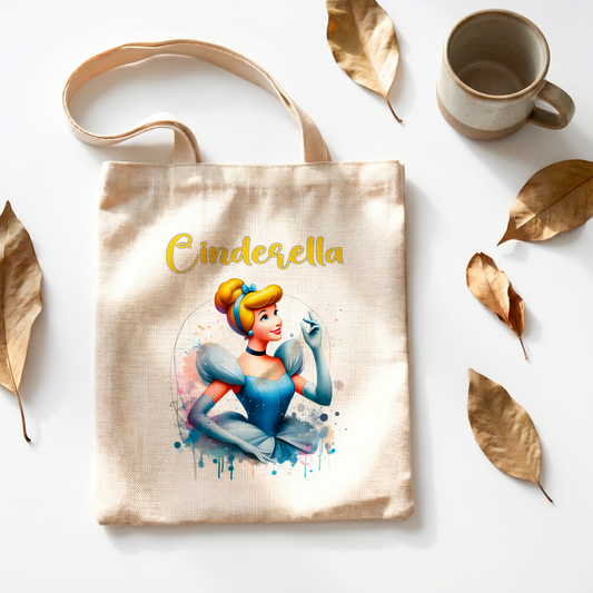 Princess Cinderella Linen Tote Bag - Custom Name (35x45cm) | Eco-Friendly Lightweight Shopping & Everyday Carrier