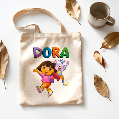 Dora the Explorer & Boots Linen Tote Bag - Custom Name (35x45cm) | Eco-Friendly Lightweight Shopping & Everyday Carrier