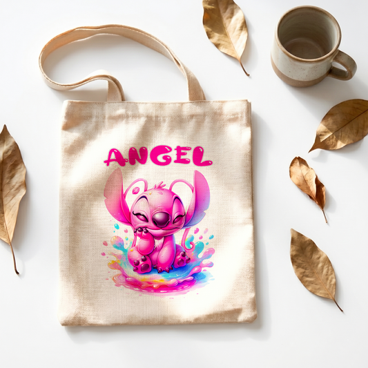 Angel Pink Alien Linen Tote Bag - Custom Name (35x45cm) | Eco-Friendly Lightweight Shopping & Everyday Carrier