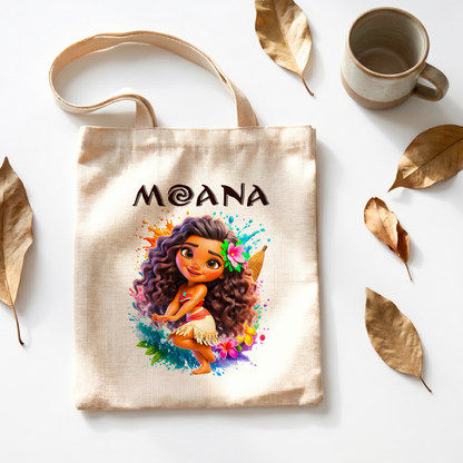 Chibi Moana Linen Tote Bag - Custom Name (35x45cm) | Eco-Friendly Lightweight Shopping & Everyday Carrier