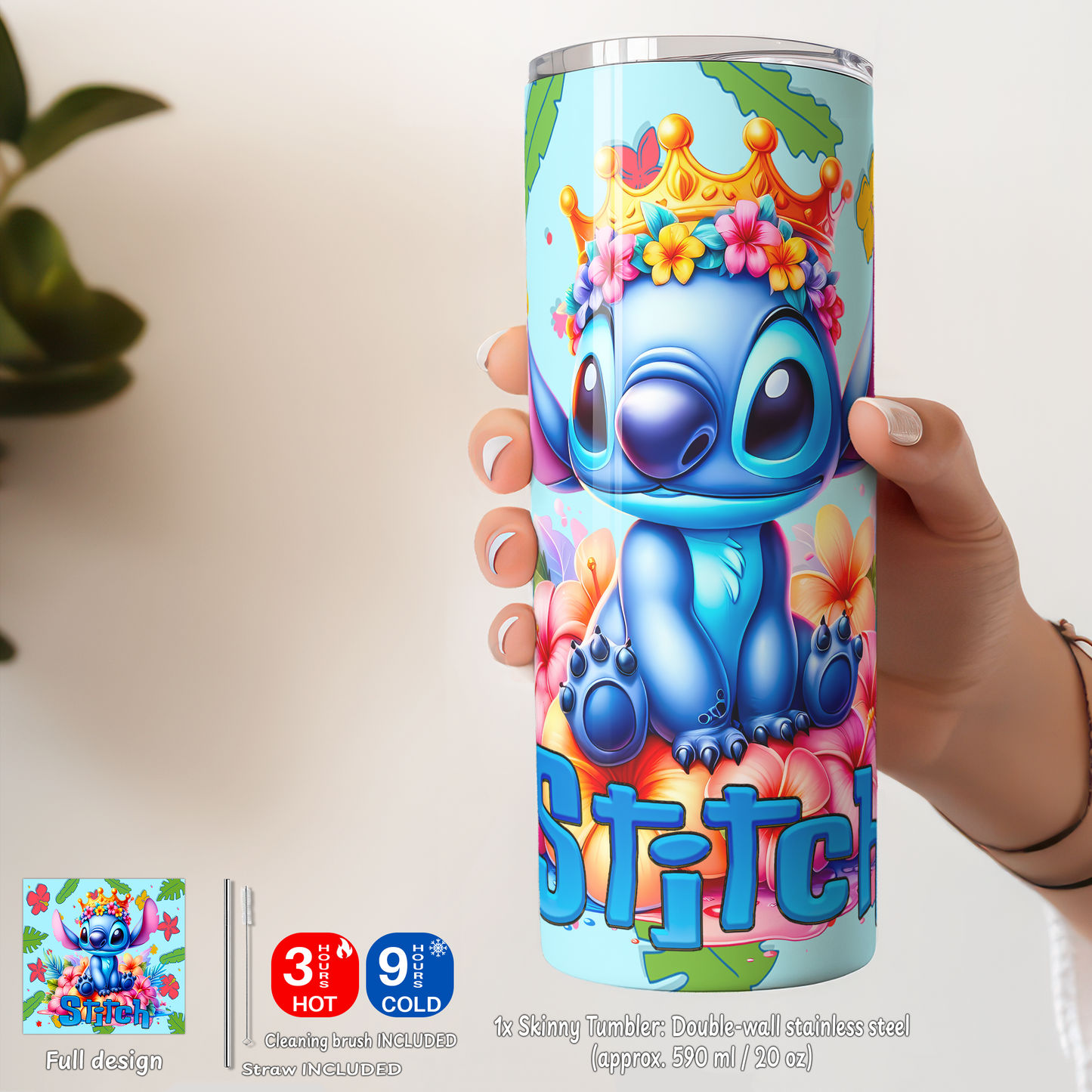 Stitch Floral Crown Box – Custom Name | Includes Plush, Tote Bag, Pouch & Drinkware Set & More