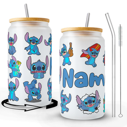 Stitch Character Collage 16oz Glass Tumbler – Custom Name | Bamboo Lid & Straw