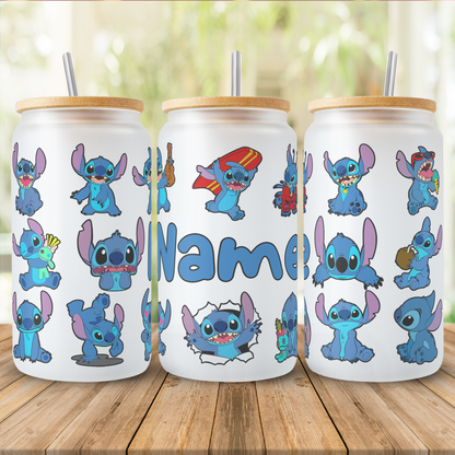 Stitch Character Collage 16oz Glass Tumbler – Custom Name | Bamboo Lid & Straw