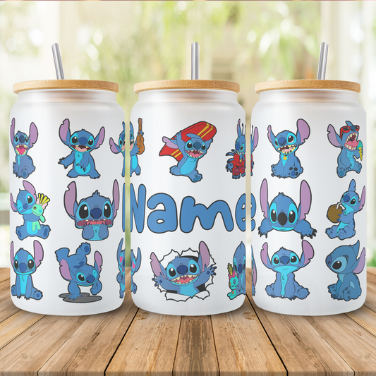 Stitch Character Collage 16oz Glass Tumbler – Custom Name | Bamboo Lid & Straw