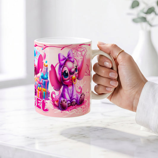 Angel Happy Birthday Premium Ceramic Mug - Custom Name (11oz) | Microwave & Dishwasher Safe Coffee Cup