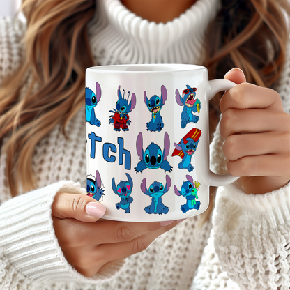 Stitch Character Collage Ceramic Mug – Custom Name | Vibrant & Comfortable