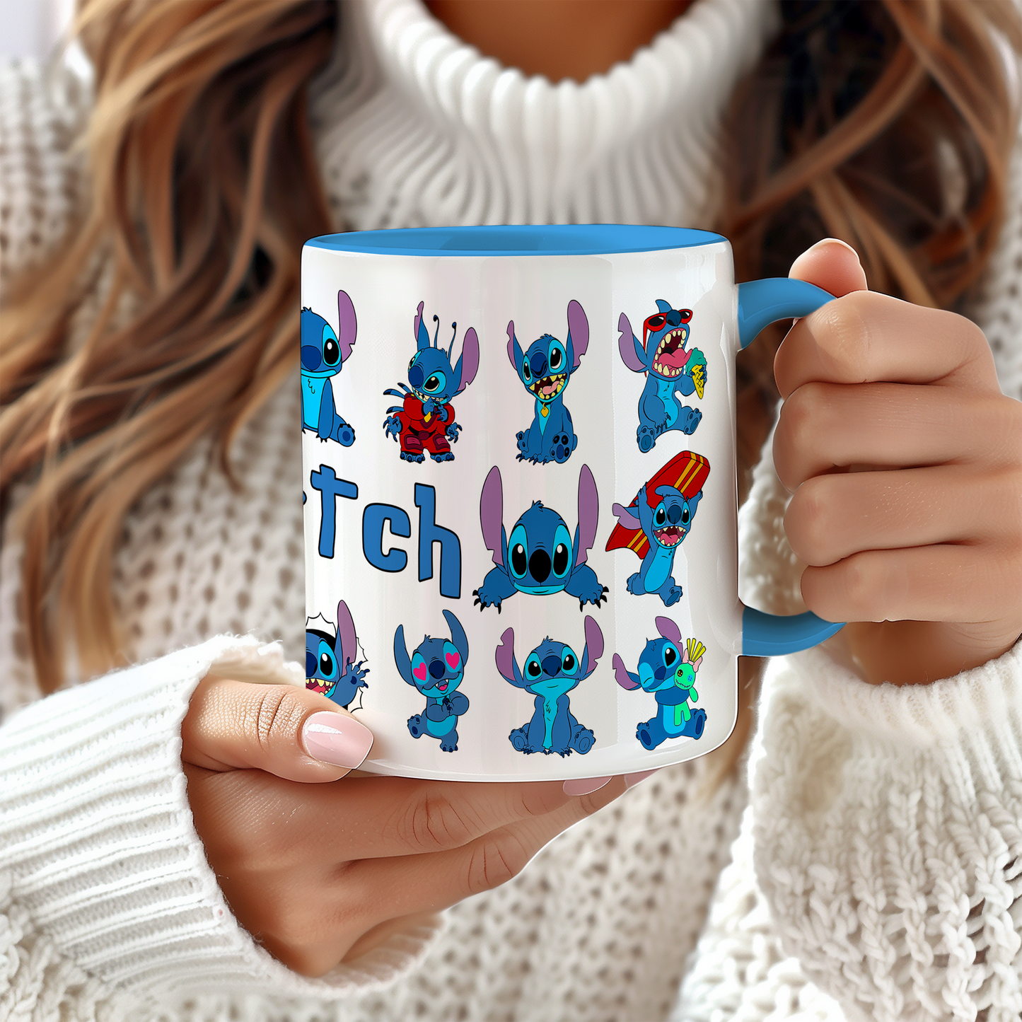 Stitch Character Collage Ceramic Mug with Blue Handle & Rim – Custom Name | Vibrant & Comfortable