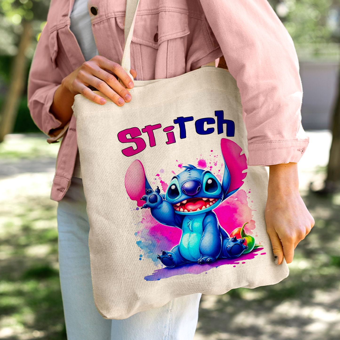 Stitch Hello Colorful Linen Tote Bag - Custom Name | Eco-Friendly Lightweight Shopping & Everyday Carrier