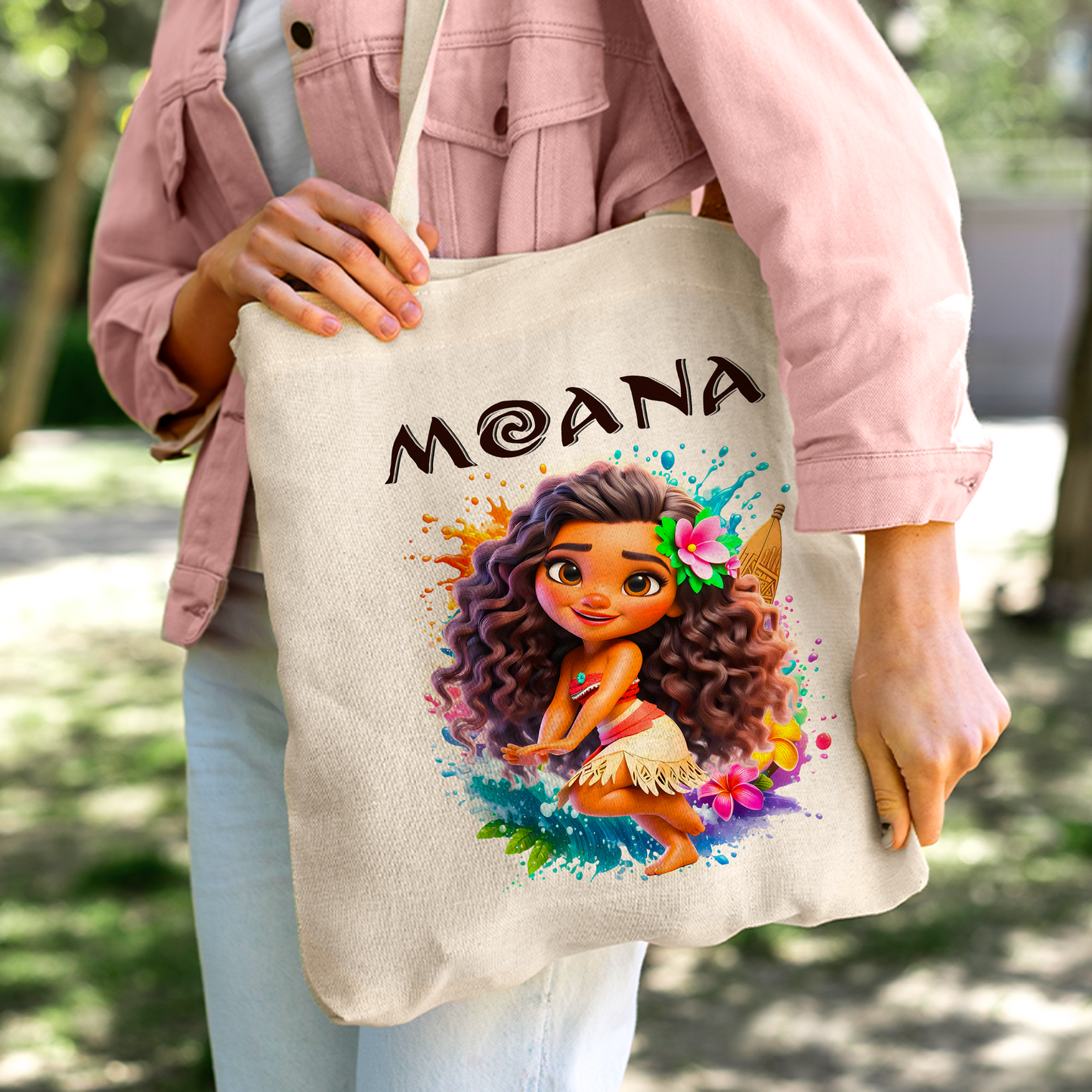 Chibi Moana Linen Tote Bag - Custom Name (35x45cm) | Eco-Friendly Lightweight Shopping & Everyday Carrier