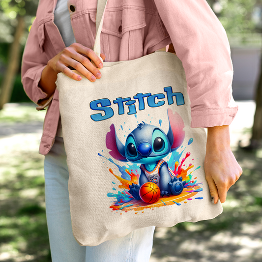 Stitch Basketball Personalized Linen Tote Bag - Custom Name (35x45cm) | Eco-Friendly Sports Fan Shopper & Everyday Carrier