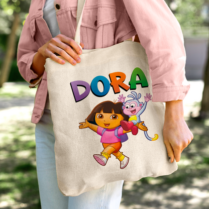 Dora the Explorer & Boots Linen Tote Bag - Custom Name (35x45cm) | Eco-Friendly Lightweight Shopping & Everyday Carrier