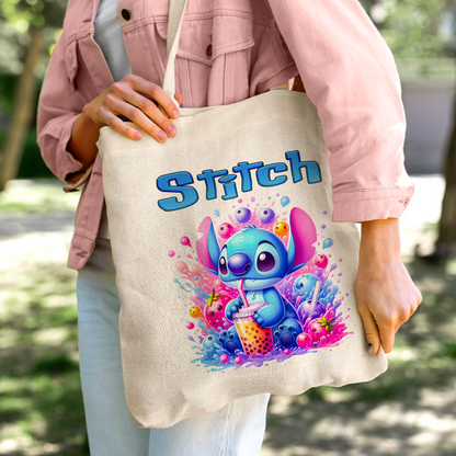 Stitch Tropical Fruit Drink Personalized Linen Tote Bag - Custom Name (35x45cm) | Eco-Friendly Bubble Tea Lover Shopper