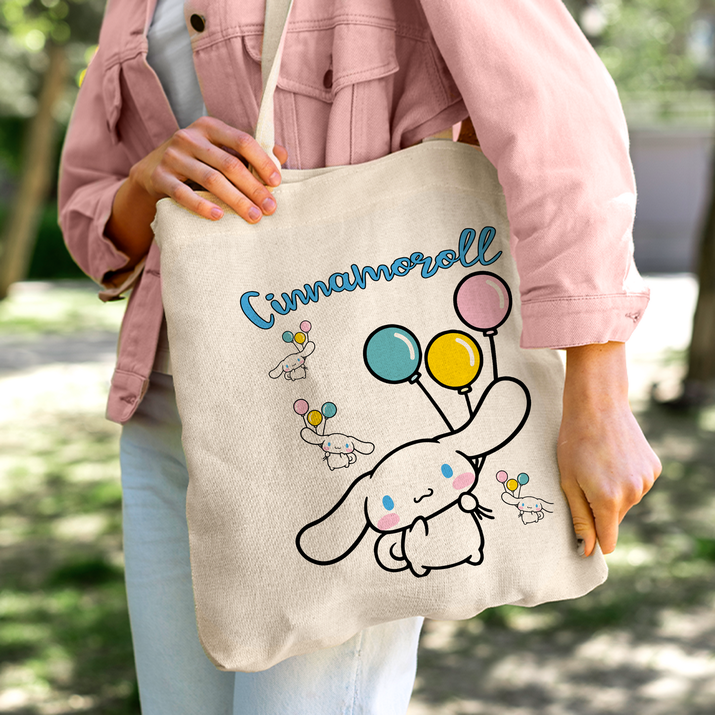 Cinnamoroll Balloon Linen Tote Bag - Custom Name (35x45cm) | Eco-Friendly Lightweight Shopping & Everyday Carrier