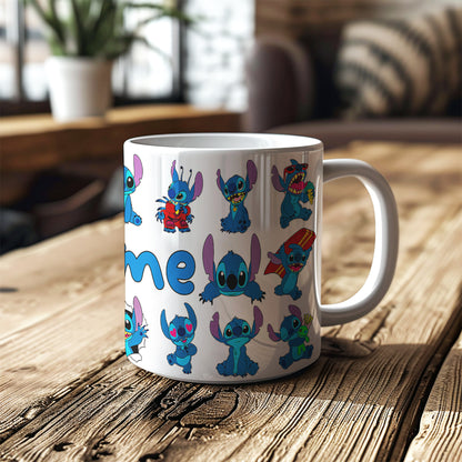 Stitch Character Collage Ceramic Mug – Custom Name | Vibrant & Comfortable
