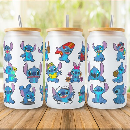Stitch Character Collage 16oz Glass Tumbler – Custom Name | Bamboo Lid & Straw