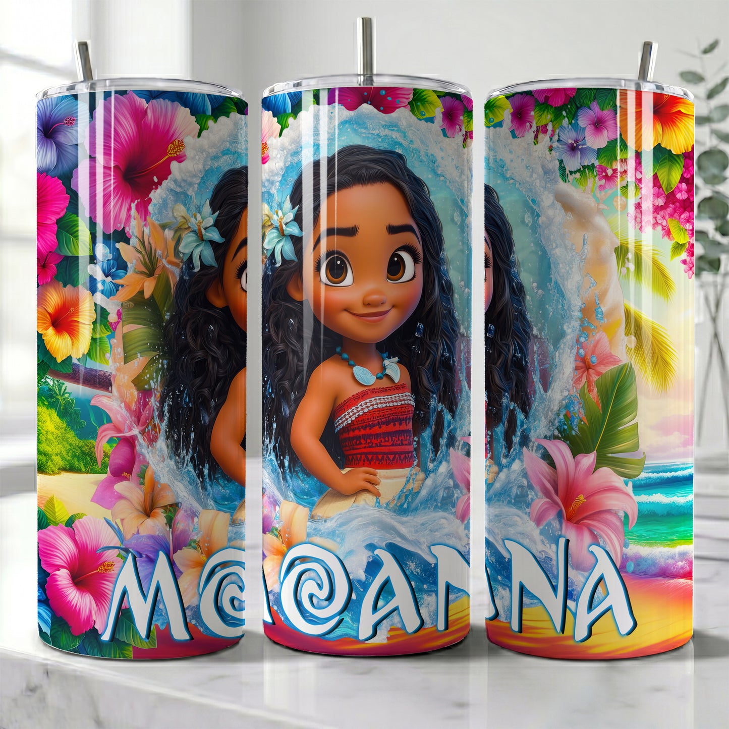 Chibi Moana Tropical Ocean Skinny Tumbler - Custom Name (20oz) | Insulated Stainless Steel Travel Cup