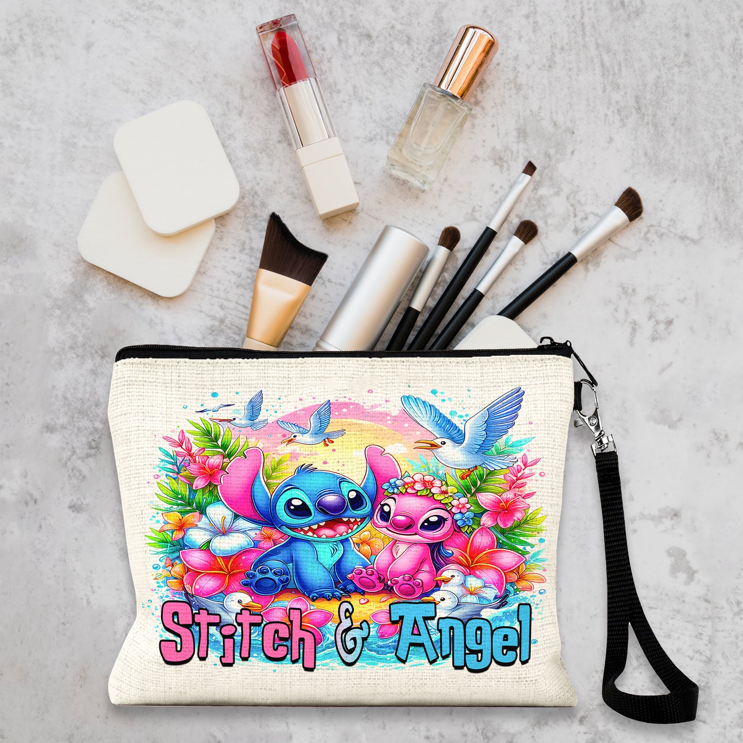 Stitch & Angel Tropical Linen Pouch – Custom Name | Zipper Closure & Detachable Wrist Strap