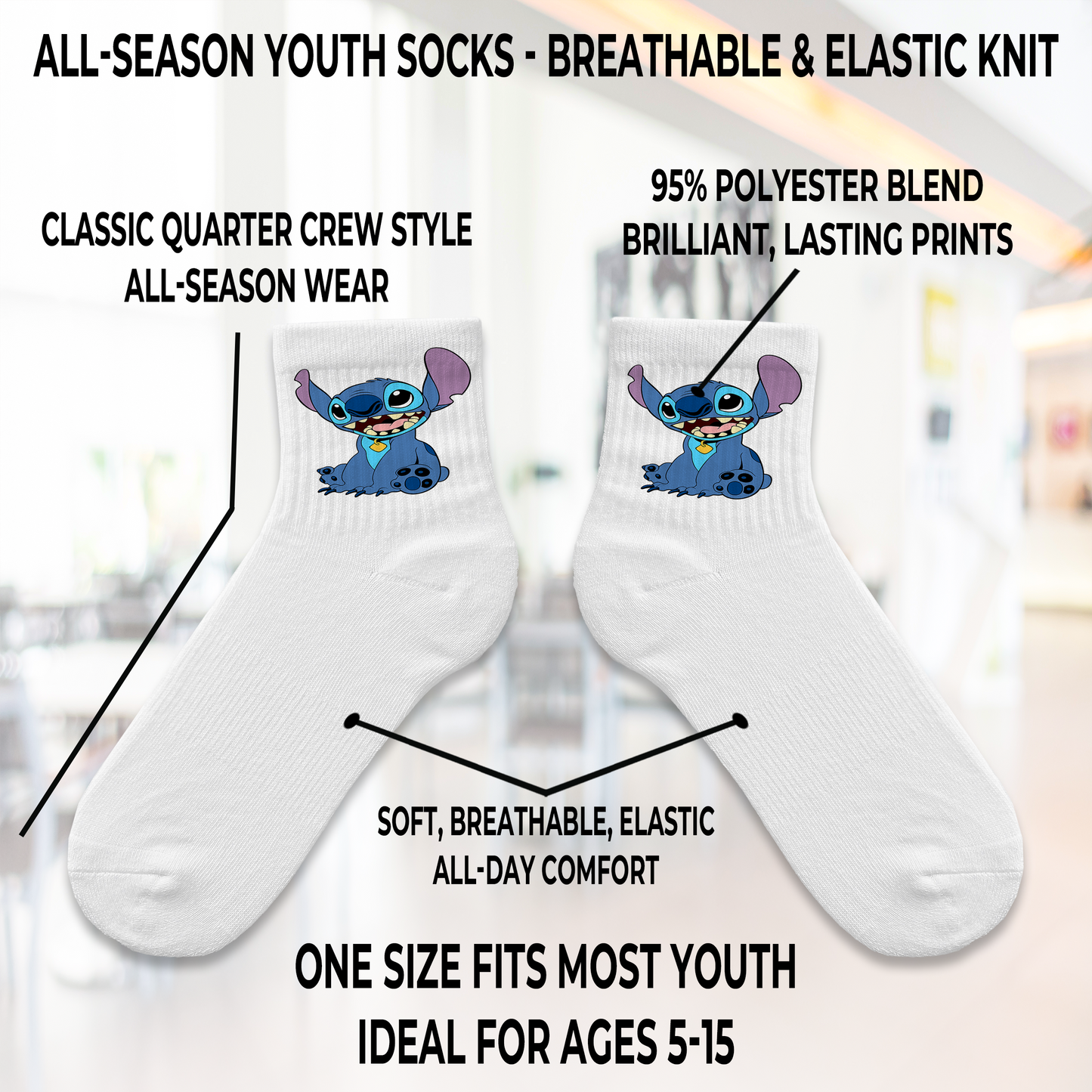 Stitch Playful Comfort Youth Socks Ages 5-15 All-Season | Breathable & Elastic