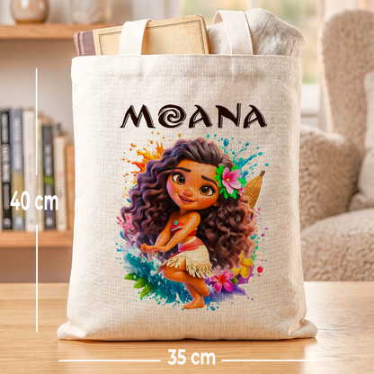 Chibi Moana Linen Tote Bag - Custom Name (35x45cm) | Eco-Friendly Lightweight Shopping & Everyday Carrier