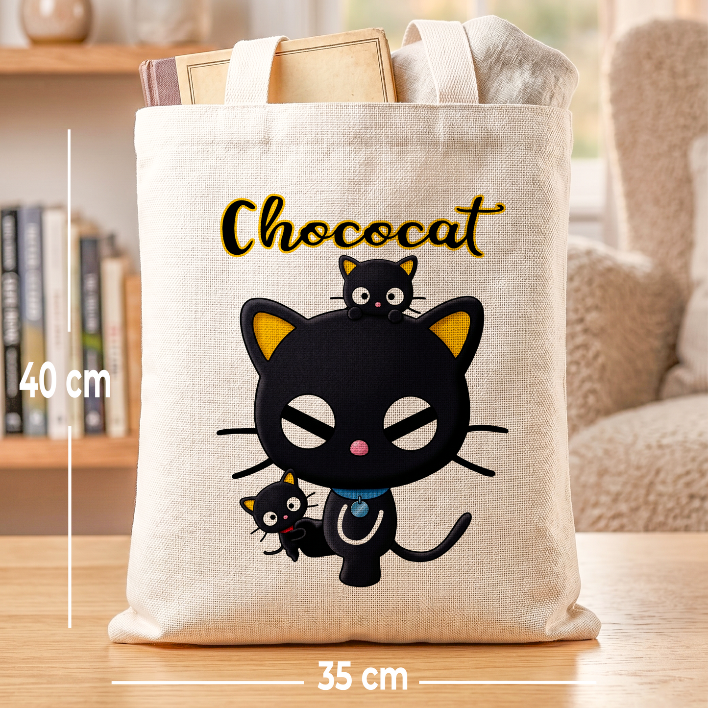 Chococat Linen Tote Bag - Custom Name (35x45cm) | Eco-Friendly Lightweight Shopping & Everyday Carrier