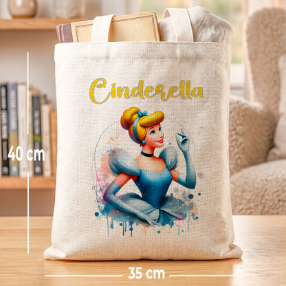 Princess Cinderella Linen Tote Bag - Custom Name (35x45cm) | Eco-Friendly Lightweight Shopping & Everyday Carrier