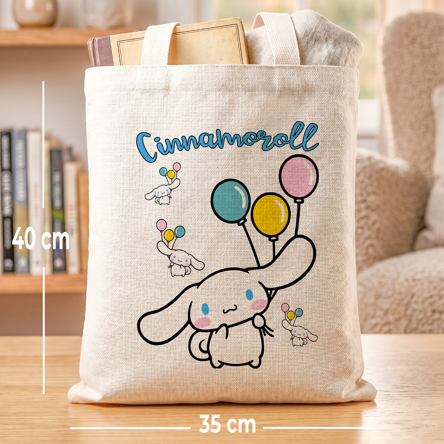 Cinnamoroll Balloon Linen Tote Bag - Custom Name (35x45cm) | Eco-Friendly Lightweight Shopping & Everyday Carrier