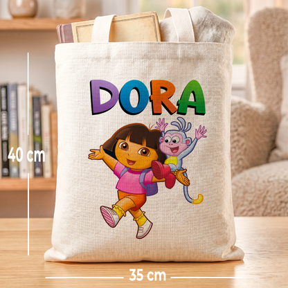 Dora the Explorer & Boots Linen Tote Bag - Custom Name (35x45cm) | Eco-Friendly Lightweight Shopping & Everyday Carrier