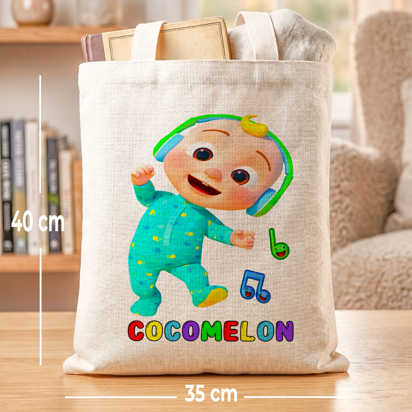 Cocomelon JJ Linen Tote Bag - Custom Name (35x45cm) | Eco-Friendly Lightweight Shopping & Everyday Carrier
