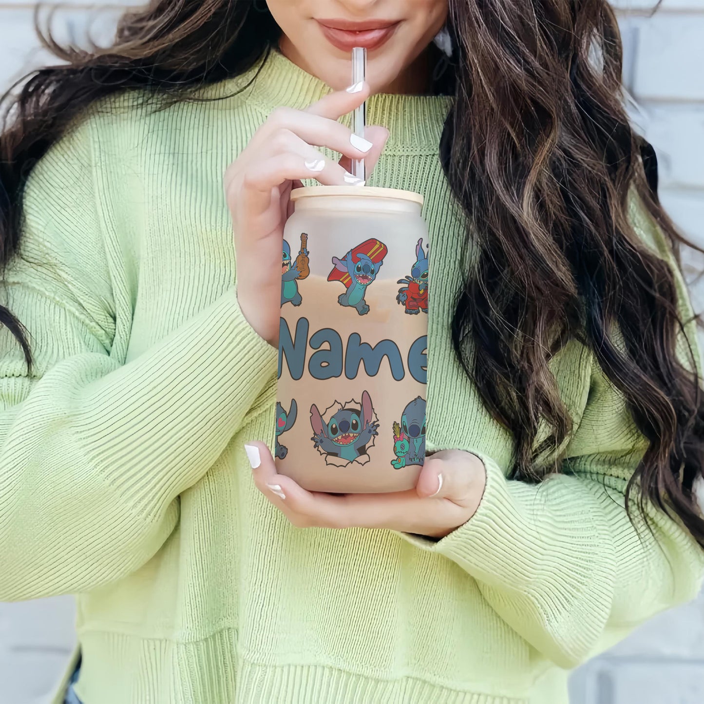 Stitch Character Collage 16oz Glass Tumbler – Custom Name | Bamboo Lid & Straw