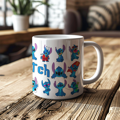 Stitch Character Collage Ceramic Mug – Custom Name | Vibrant & Comfortable