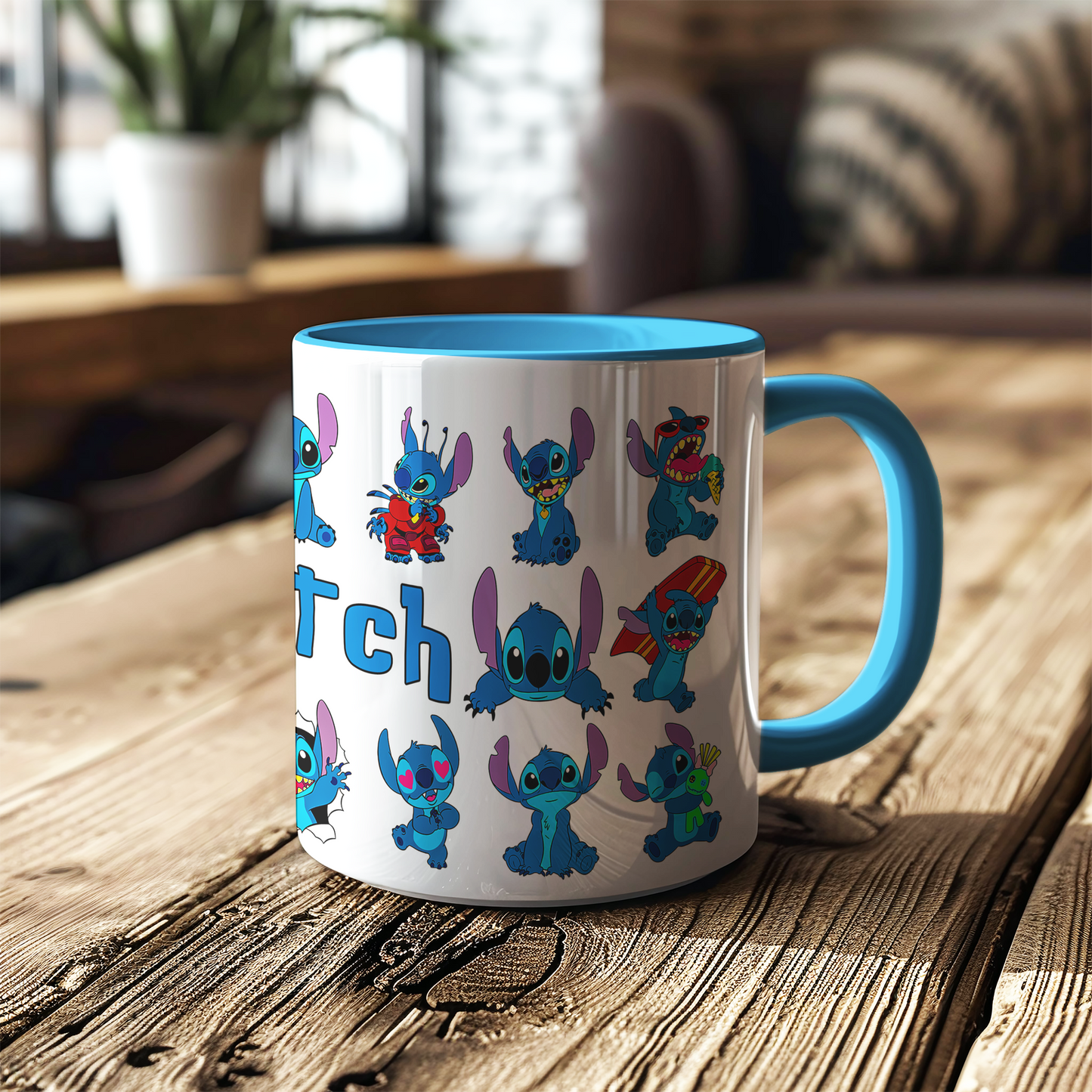 Stitch Character Collage Ceramic Mug with Blue Handle & Rim – Custom Name | Vibrant & Comfortable