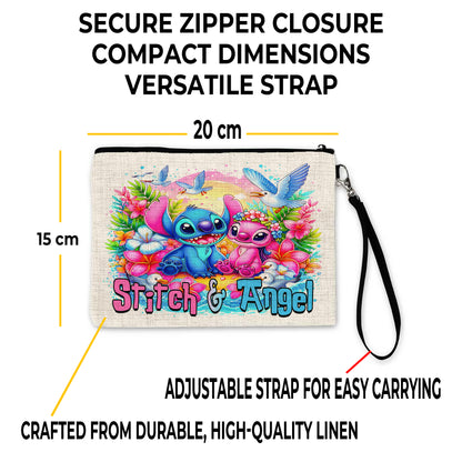 Stitch & Angel Tropical Linen Pouch – Custom Name | Zipper Closure & Detachable Wrist Strap