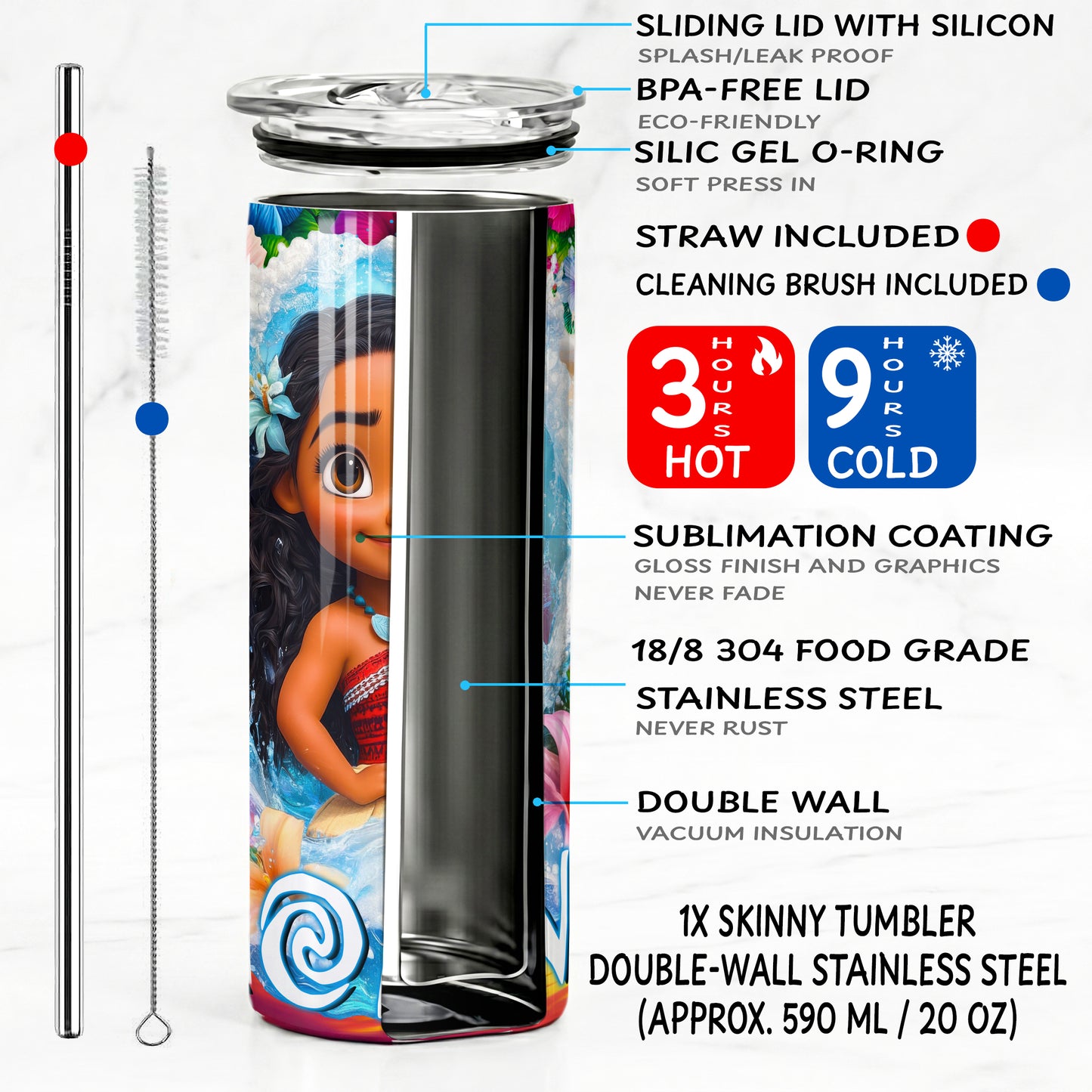 Chibi Moana Tropical Ocean Skinny Tumbler - Custom Name (20oz) | Insulated Stainless Steel Travel Cup