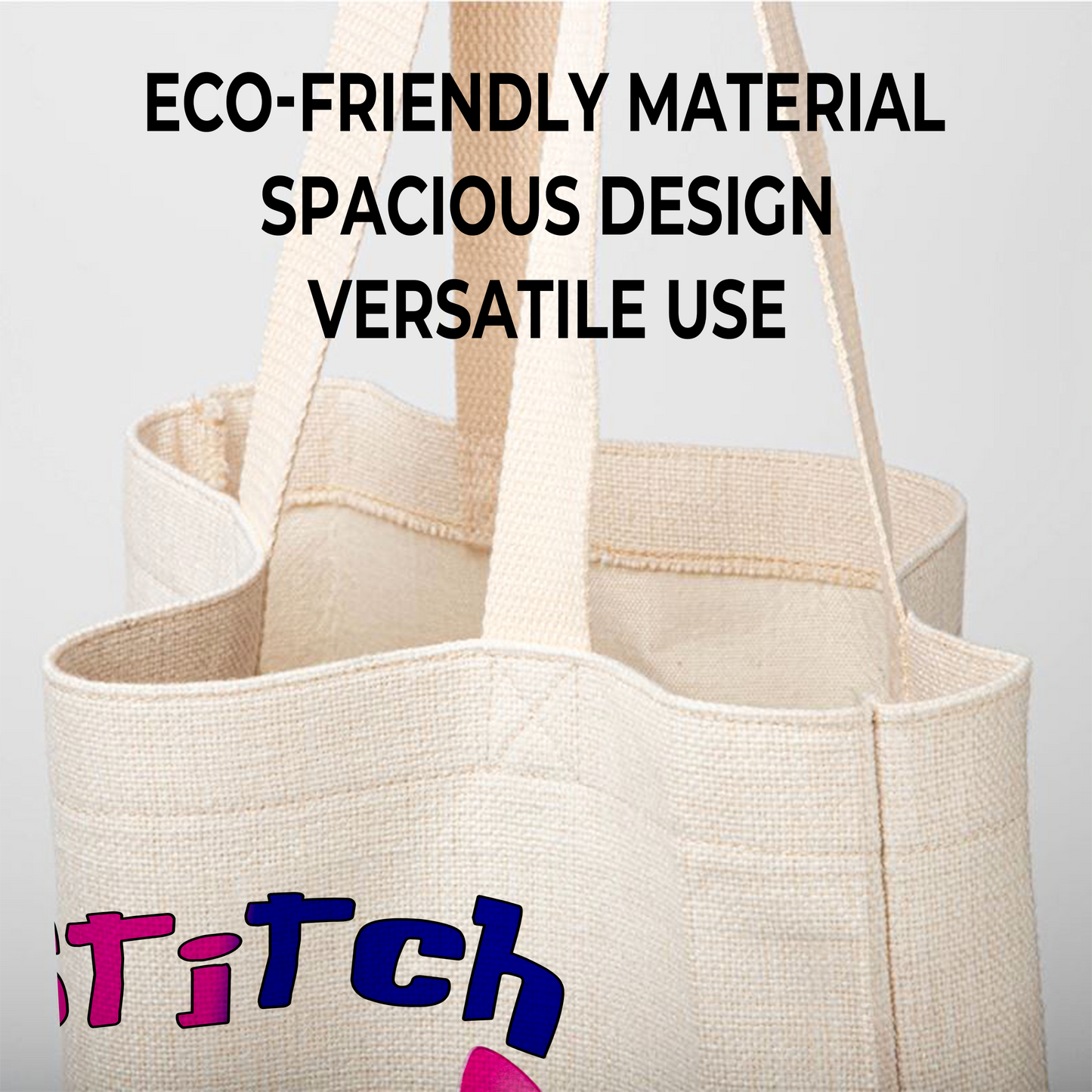 Stitch Hello Colorful Linen Tote Bag - Custom Name | Eco-Friendly Lightweight Shopping & Everyday Carrier