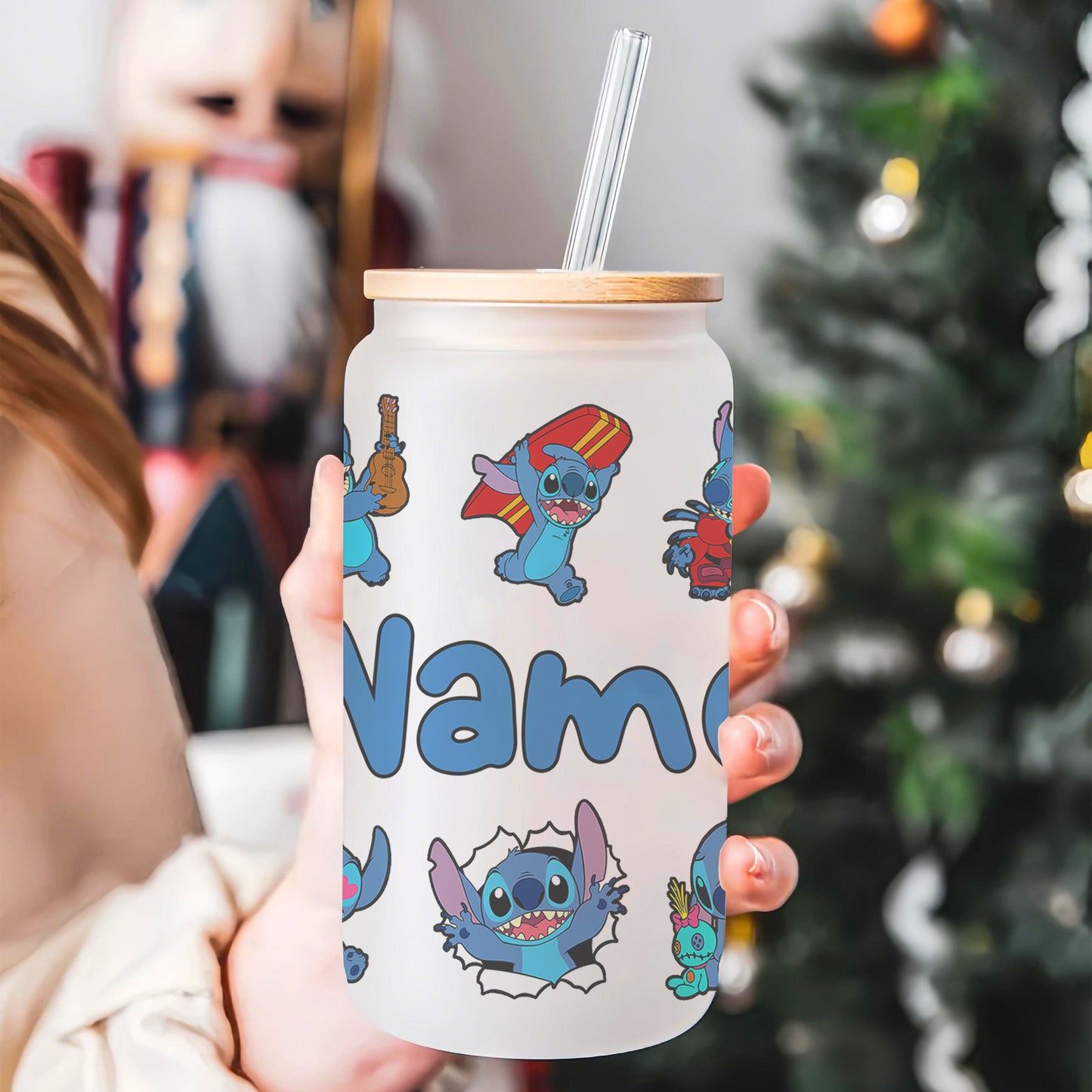 Stitch Character Collage 16oz Glass Tumbler – Custom Name | Bamboo Lid & Straw