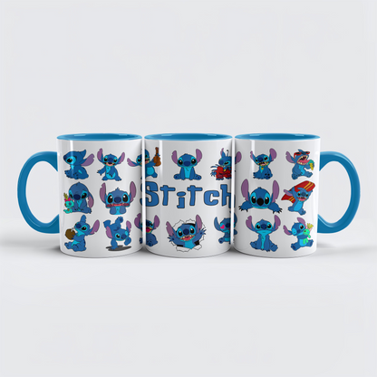 Stitch Character Collage Ceramic Mug with Blue Handle & Rim – Custom Name | Vibrant & Comfortable