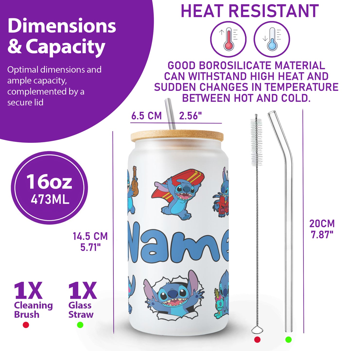 Stitch Character Collage 16oz Glass Tumbler – Custom Name | Bamboo Lid & Straw