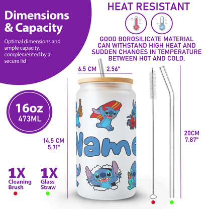 Stitch Character Collage 16oz Glass Tumbler – Custom Name | Bamboo Lid & Straw