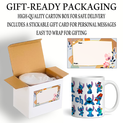 Stitch Character Collage Ceramic Mug – Custom Name | Vibrant & Comfortable