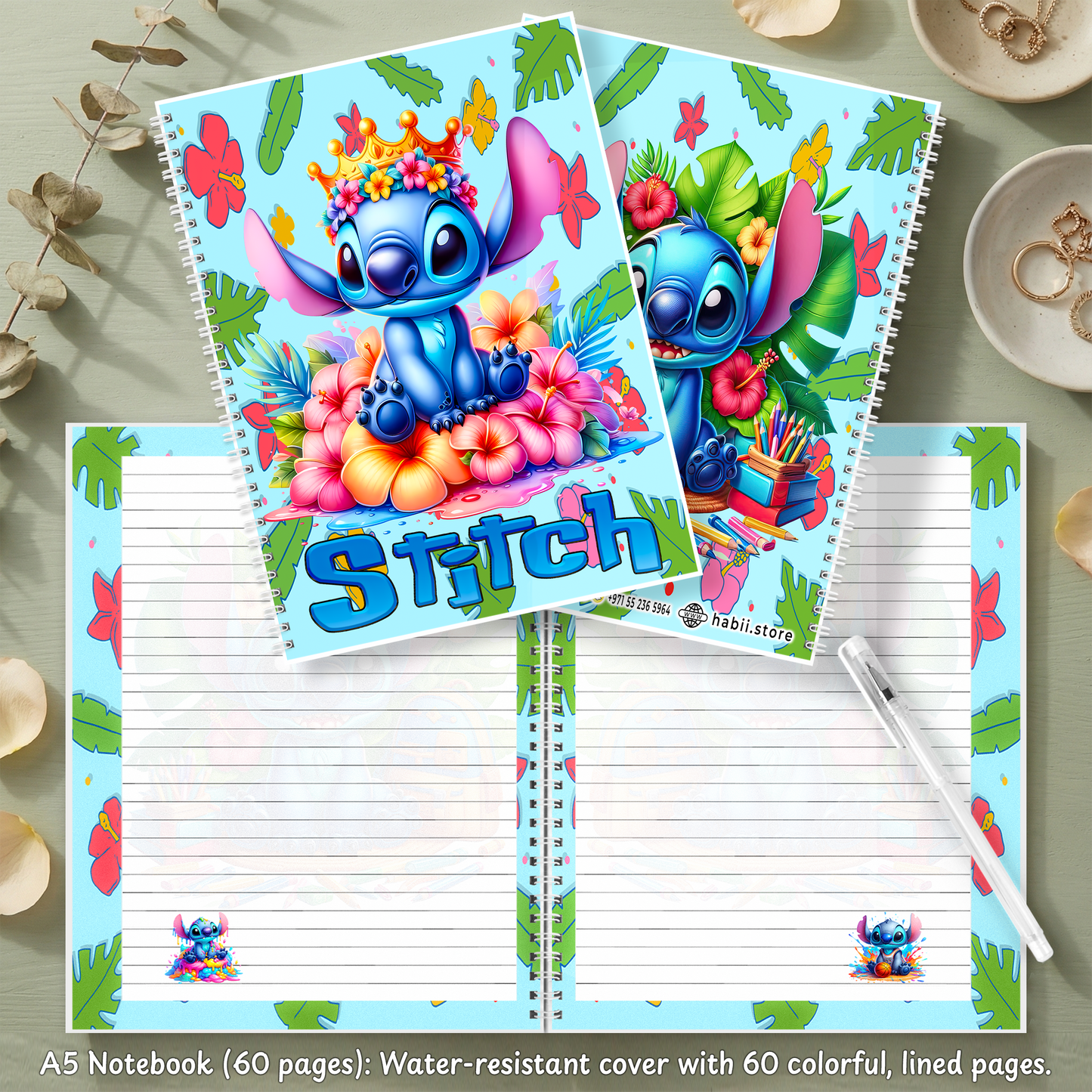 Stitch Floral Crown Box – Custom Name | Includes Plush, Tote Bag, Pouch & Drinkware Set & More